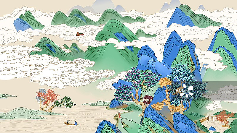 唯美国风青绿山水插画图片素材
