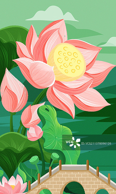 壁纸荷花拱桥留白竖版插画图片素材