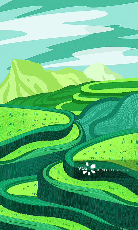 壁纸稻田梯田留白竖版插画图片素材