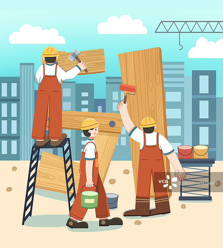 五一劳动节工人工地装修扁平风插画图片素材