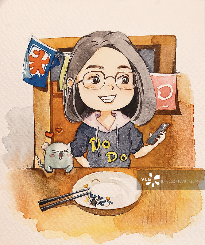 女孩和宠物快乐点餐图片素材