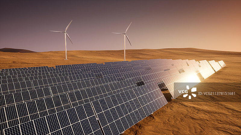 能源，太阳能，光伏，风力发电，沙漠图片素材