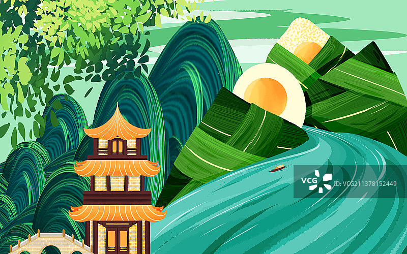 横版端午节户外大自然河流粽子无人风景插画图片素材