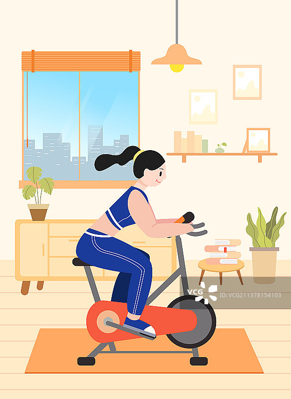 在家里健身的时尚女孩矢量插画图片素材