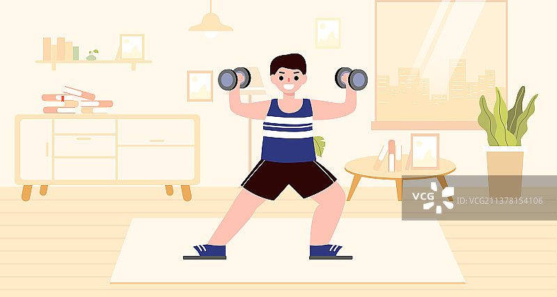 在家里健身的时尚男孩矢量插画图片素材