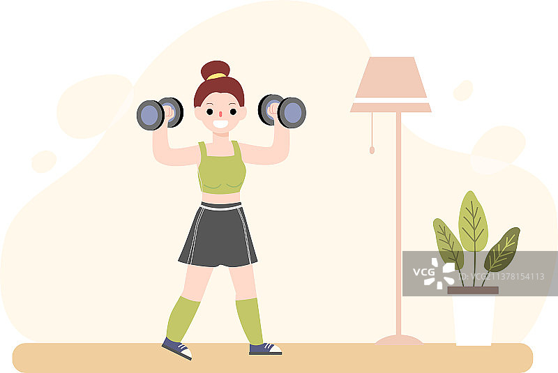 在家里健身的时尚女孩矢量插画图片素材