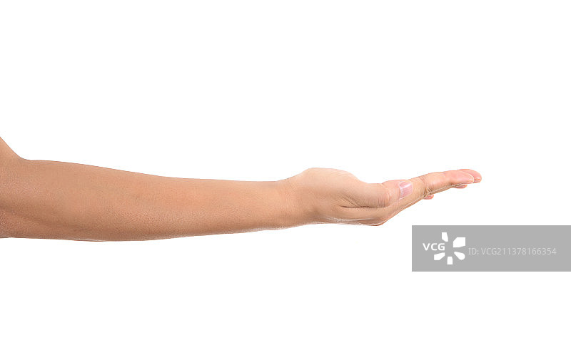 白背景前一只手做向上接物的手势图片素材
