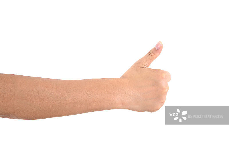 白背景前一只手伸出去竖起大拇指图片素材