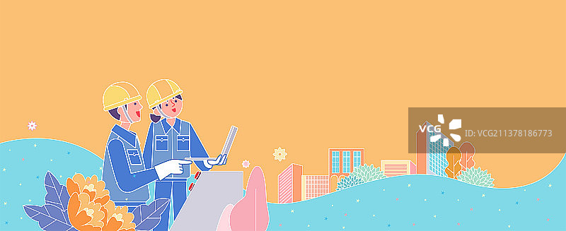 两个工人在城市建筑的背景下讨论工作横版图片素材