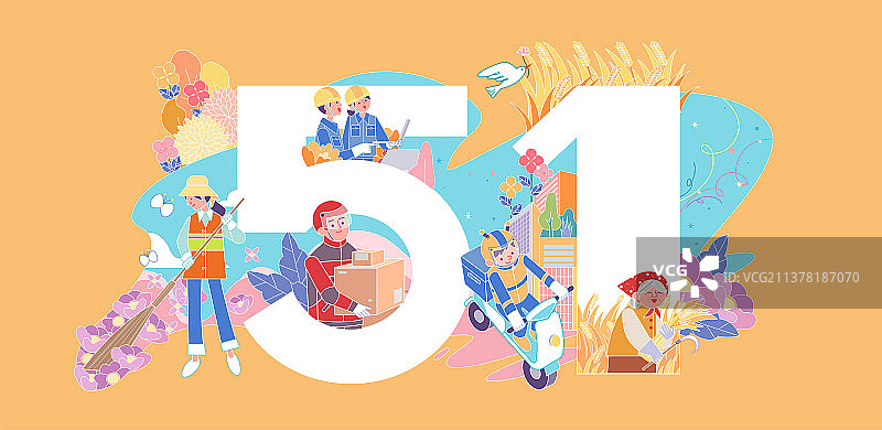 劳动节各行各业的劳动人民围绕数字51图片素材