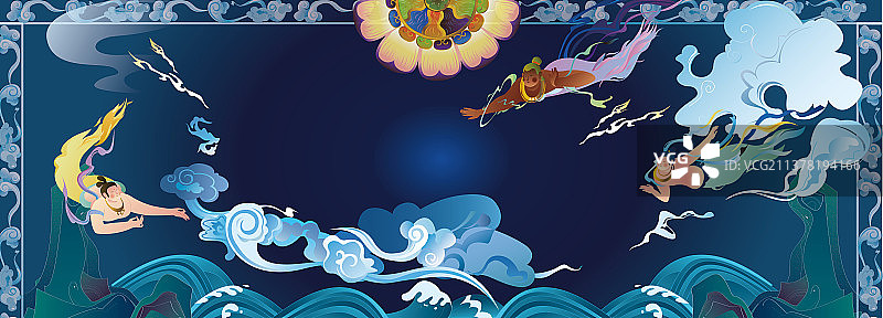 国潮正当时敦煌飞天吉祥图案边框插画背景图片素材