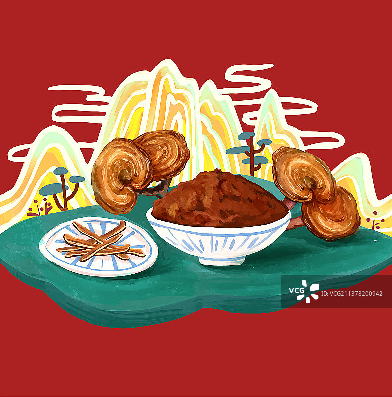 仙山背景下灵芝个灵芝片林志孢子粉产品展示图片素材