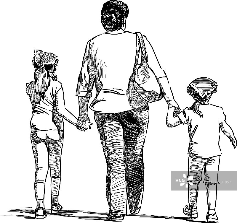 素描和女儿们一起的母亲图片素材