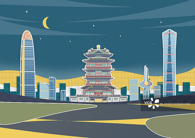 济南市夜景标志插画图片素材