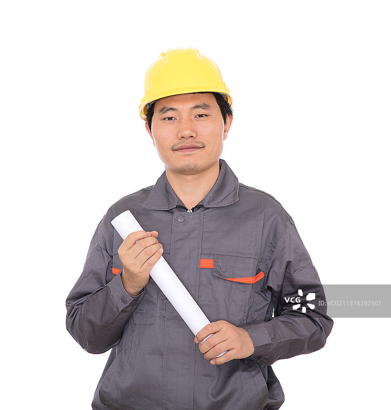 建筑工程师手拿图纸资料站在白背景前图片素材