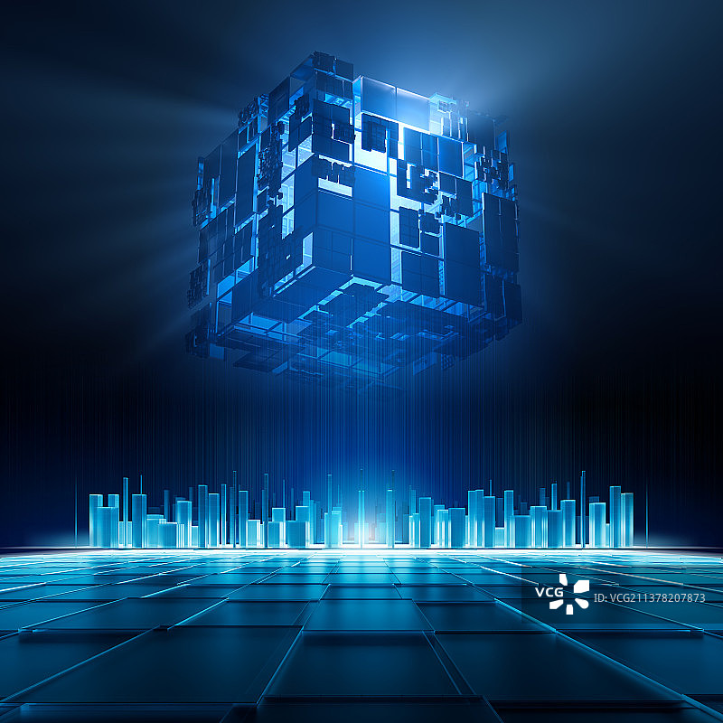 三维抽象空间，抽象未来城市与大数据计算概念图片素材