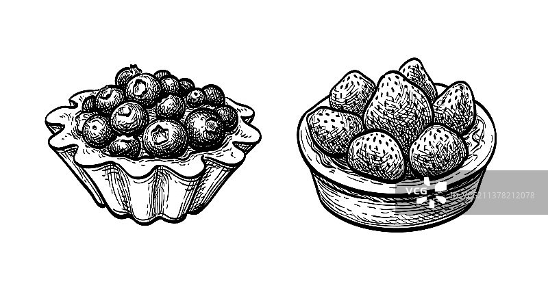 墨水素描水果馅饼与新鲜浆果图片素材