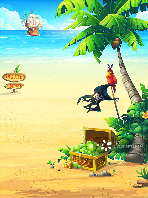 有鹦鹉、棕榈树和轮船的海洋海岸图片素材