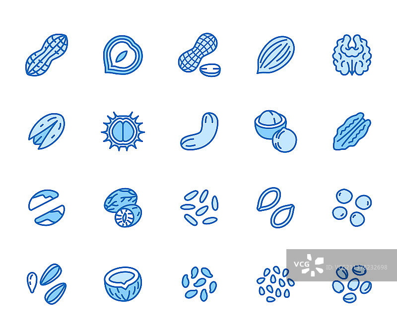 坚果扁平线性图标集：花生、杏仁、栗子图片素材