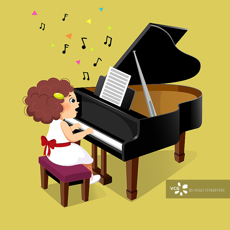 弹奏三角钢琴的可爱小女孩图片素材