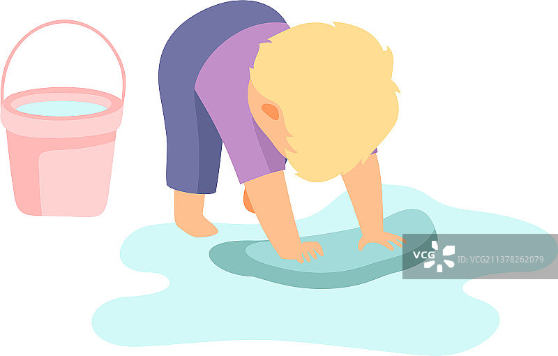 用抹布和水桶擦地板的可爱小男孩图片素材