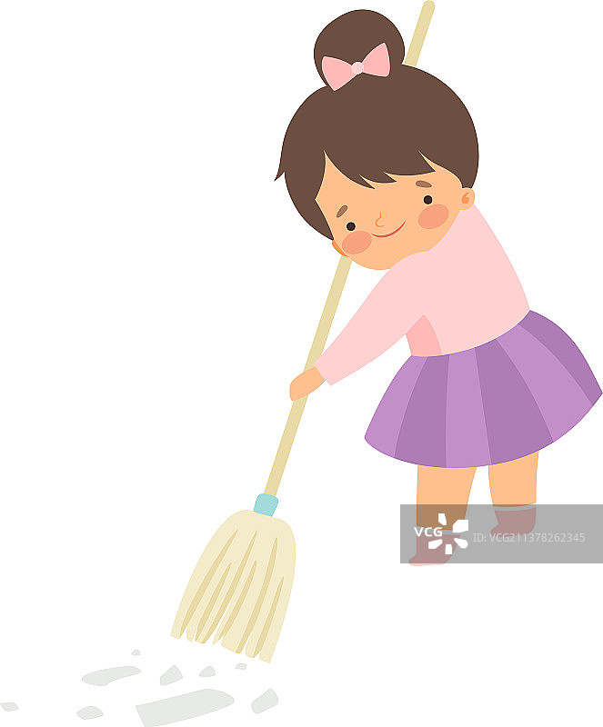 可爱的深棕色头发小女孩在扫地图片素材