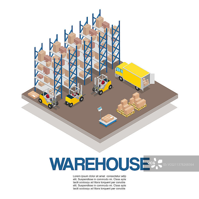 带叉车和卡车的2.5D仓库图片素材