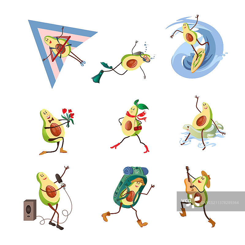 不同极限运动中的可爱鳄梨角色图片素材