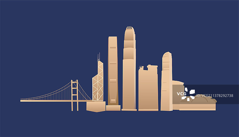 蓝金香港天际线剪影高端插画，香港庆典插画图片素材