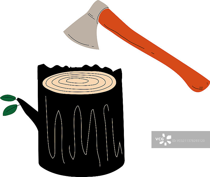 砍伐的树木或树桩和斧头，森林砍伐图片素材