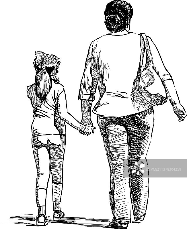 画一位带着小女儿的女人图片素材