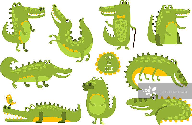 不同姿势的可爱鳄鱼角色图片素材