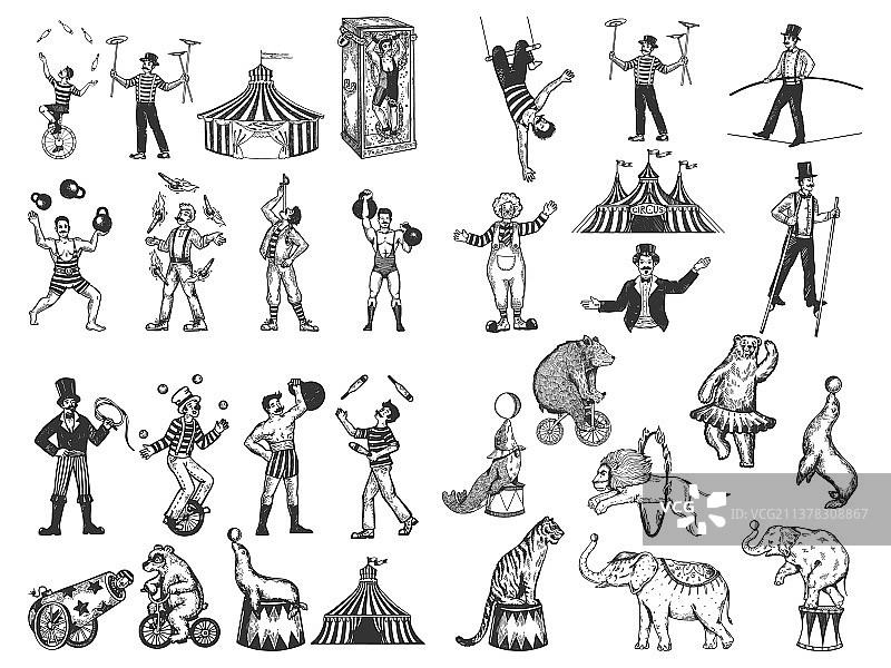 复古马戏团表演素描图片素材