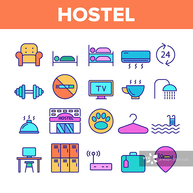 彩色旅馆游客住宿线性图标图片素材