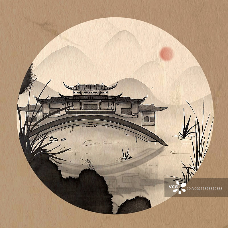 复古手绘中式水墨风小桥流水建筑插画图片素材