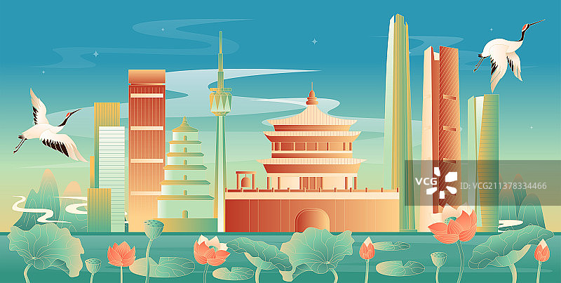 国潮风西安插画图片素材