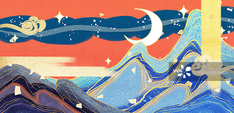 新中式风格敦煌洒金山水风景插画图片素材