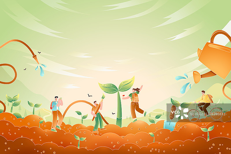 卡通绿树生态环境保护世界地球日自然风景夏季夏天植物植树节生长发芽环保低碳出行自行车交通渐变矢量插画图片素材