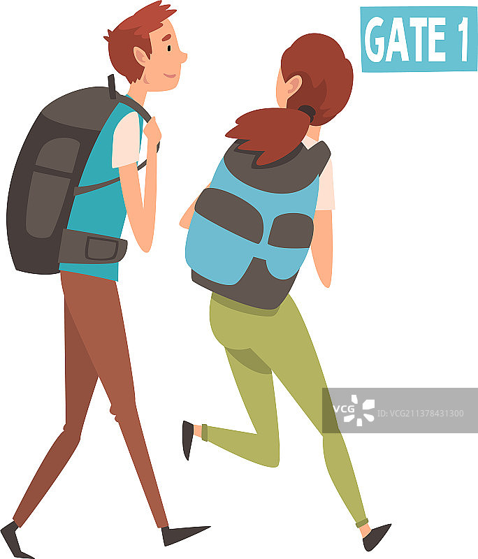 年轻男人和女人背着背包跑步图片素材