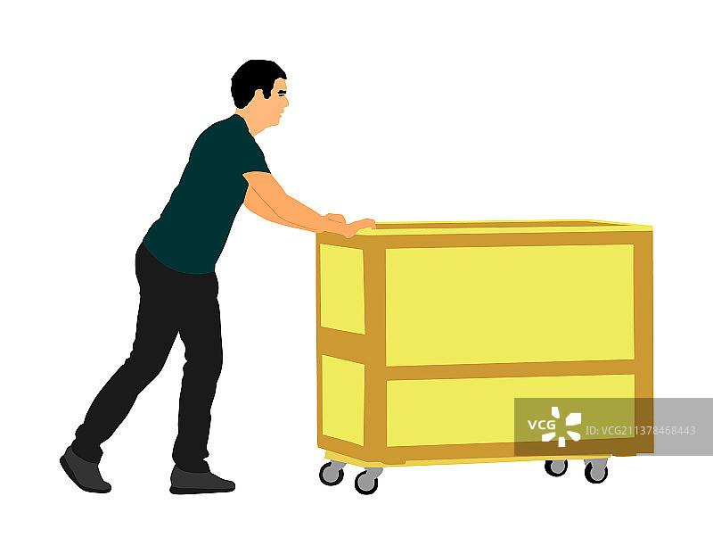 工人推着独轮车搬运大箱子图片素材