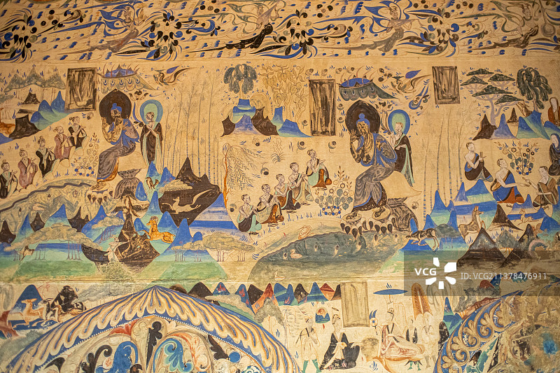 甘肃酒泉敦煌莫高窟博物馆中的莫高窟壁画复制件西魏第285窟图片素材