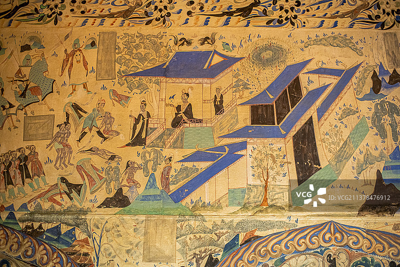 甘肃酒泉敦煌莫高窟博物馆中的莫高窟壁画复制件西魏第285窟图片素材