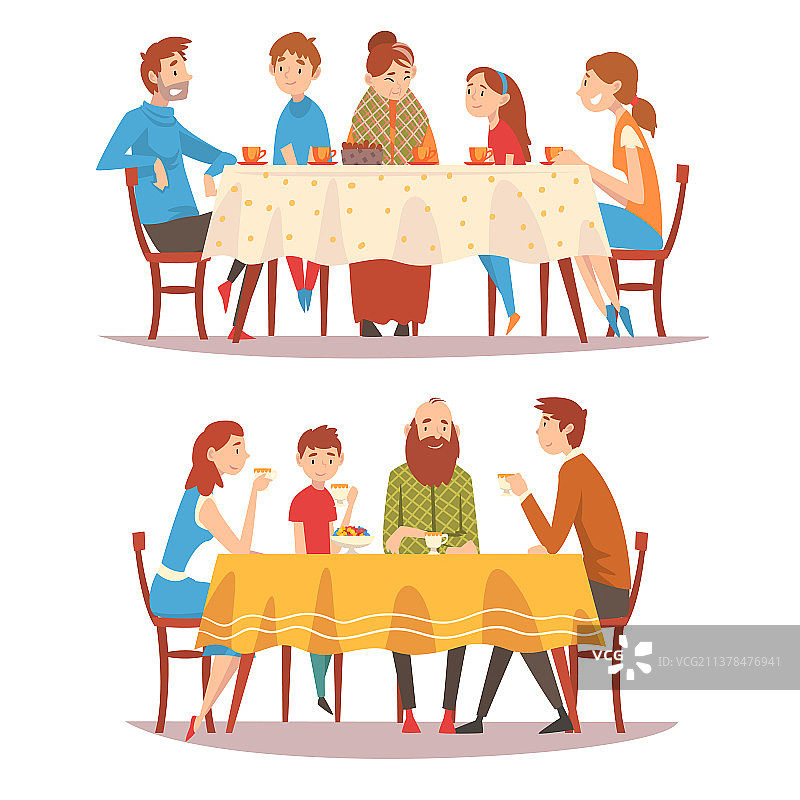 幸福地坐在厨房餐桌旁的家庭图片素材