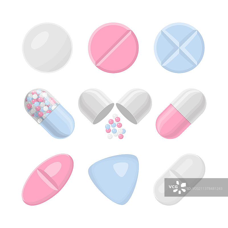 彩色逼真药丸和药物图标集图片素材