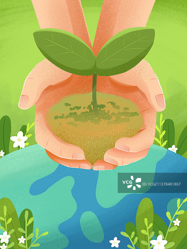 扁平插画双手捧着树苗图片素材