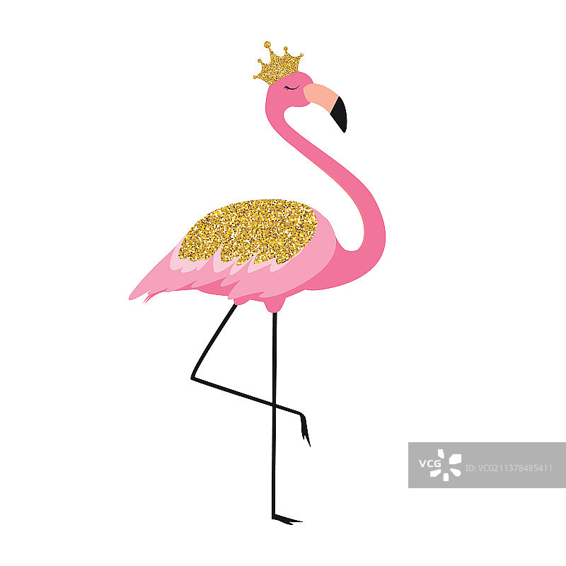 金色背景中美丽的粉色小火烈鸟图片素材