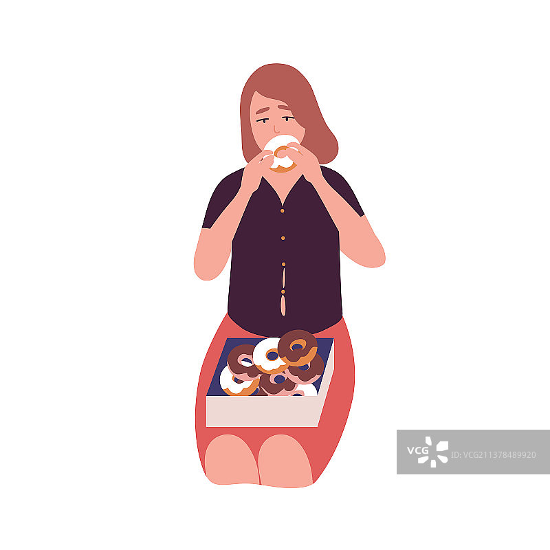 Concept：悲伤的年轻女人吃甜甜圈图片素材