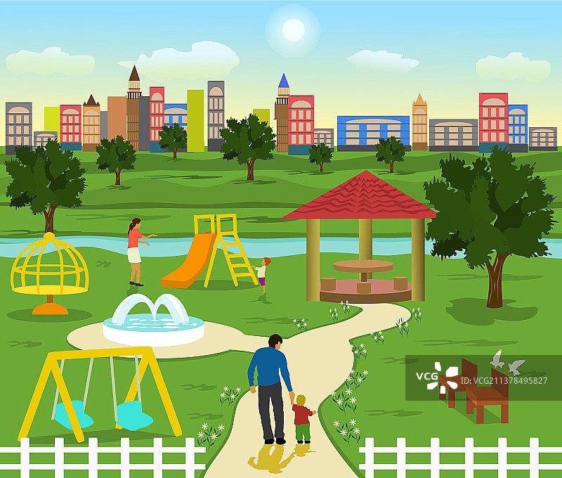 有溪流和树木的游乐场图片素材