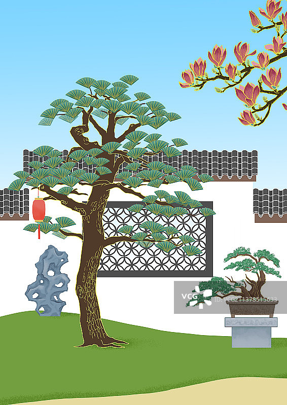 国风松树园林图图片素材