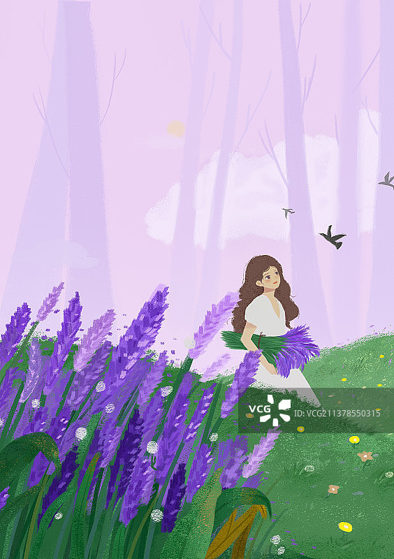 森系少女薰衣草插画图片素材
